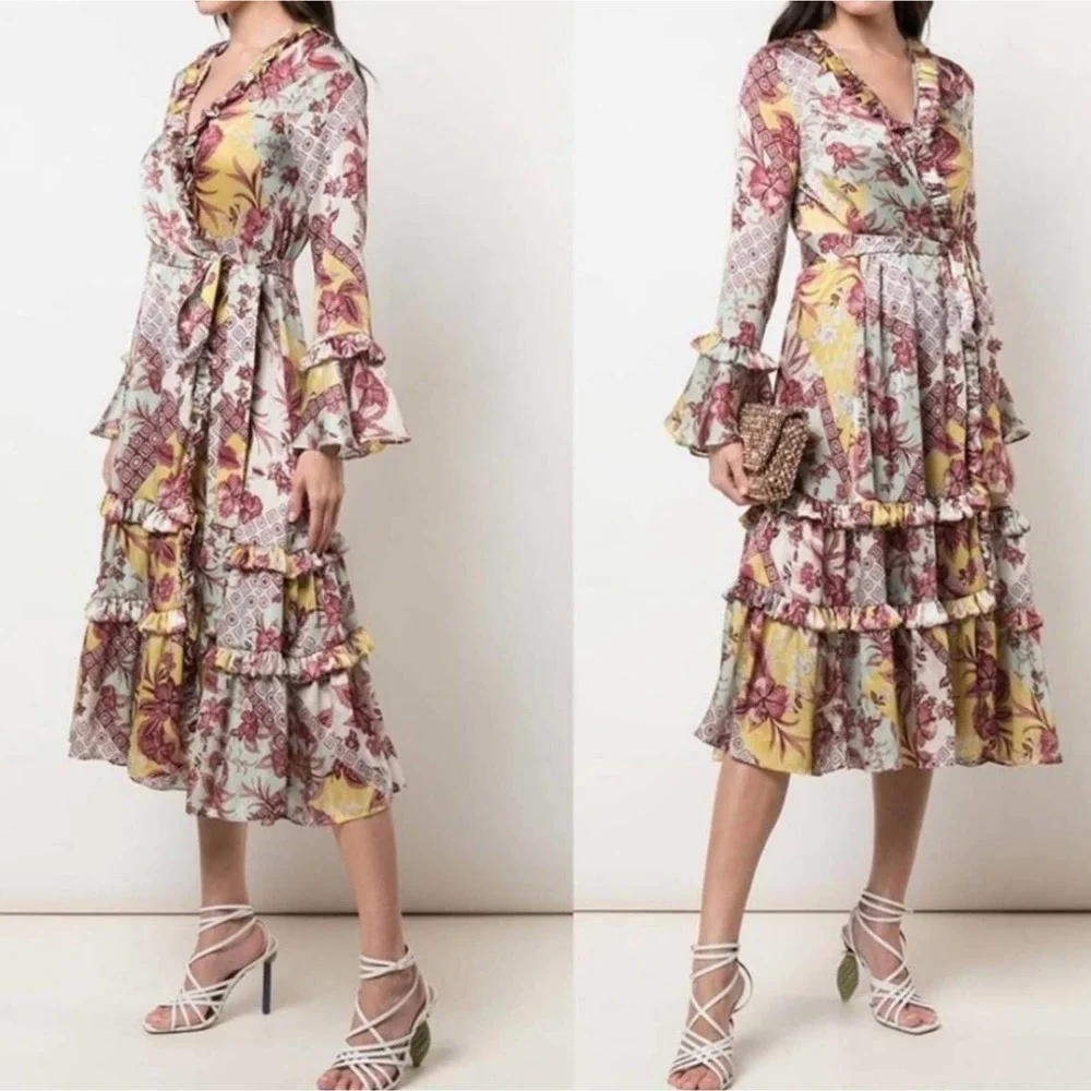 Alexis Floral Wiera Printed Ruffle Midi Dress in Berry Pink Paisley Size Large - Picture 5 of 12